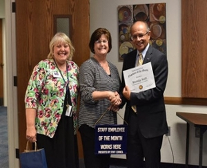 Picture of employee of the month for April 2016, person on left is Tina Boitnott, middle is Wendy Nutt and on left is Dr. Adolfo Benavides.