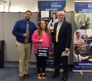 July 2017 Employee of Month photo Jeremy Gamez, Sarah Elder and President Dr. Ray Keck