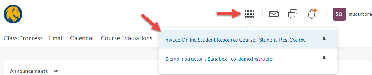 myLeo Online Course Selector-Student Resource Course Indicated