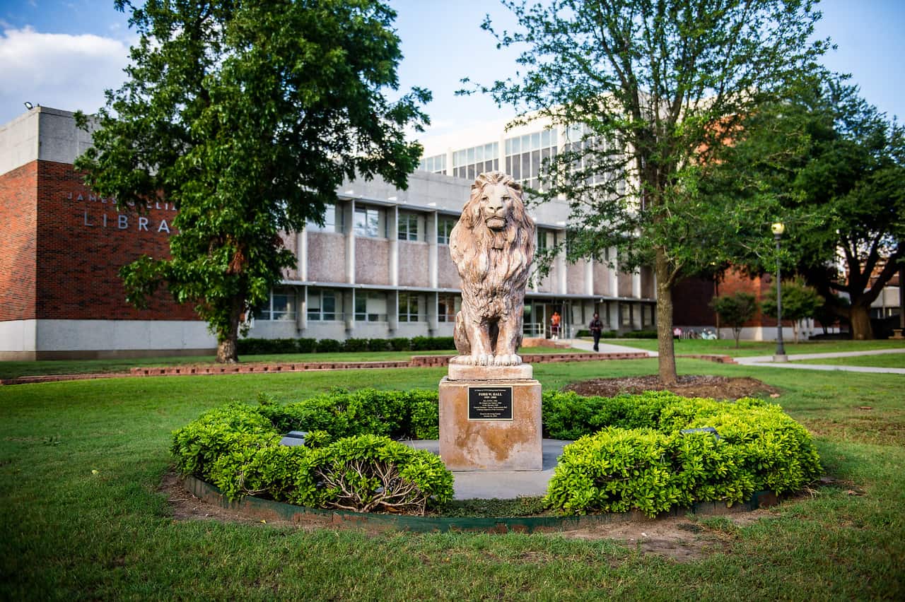 Lion Architecture outside library.