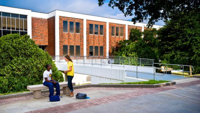 students outside BA building