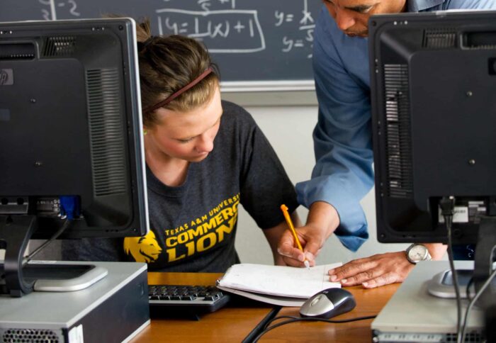 Mathematics professor and student working together