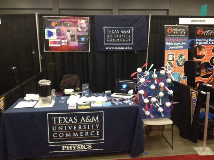 The A&M-Commerce booth at SBSWedu||Students at SXSWedu|Giving demonstrations |Teaching students|Giving demonstrations at A&M-College Station|Teaching the students about science|The students learning about physics. |Helping students with experiments