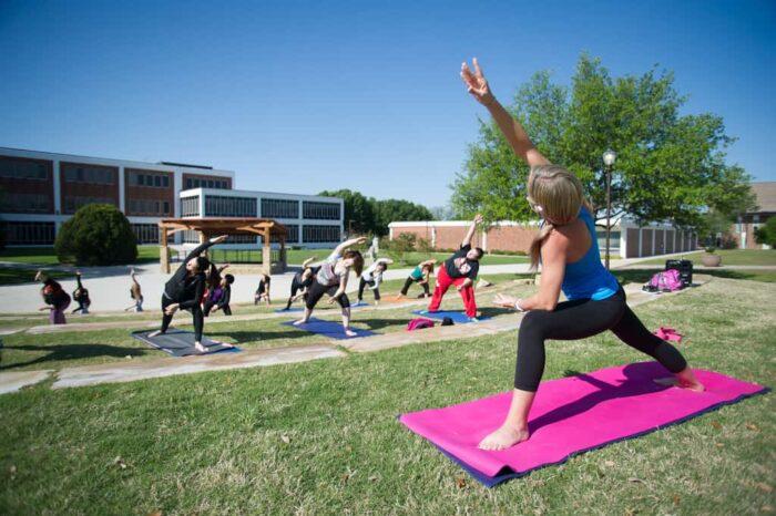 A group of students during a yoga session taught by another student.