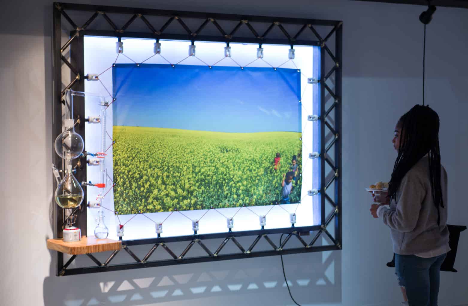 Art Exhibit showing backlit photo with green field and sky.