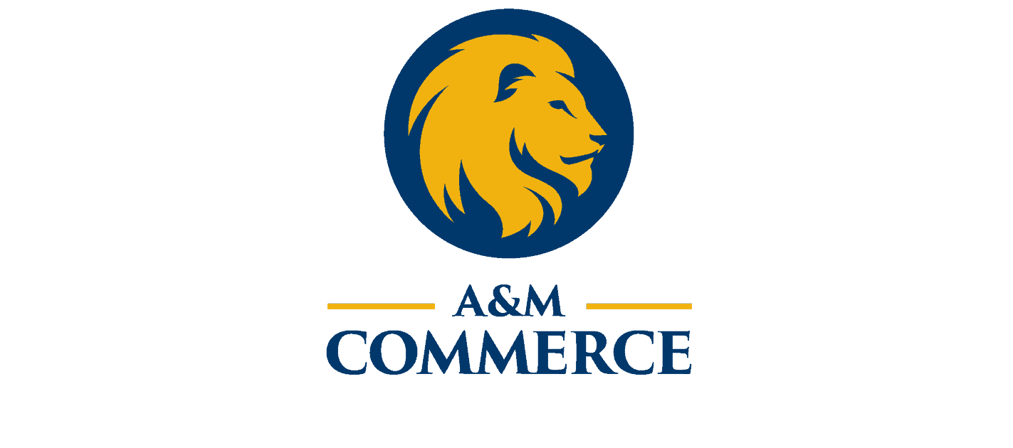 Vertical A&M-Commerce logo on light background.