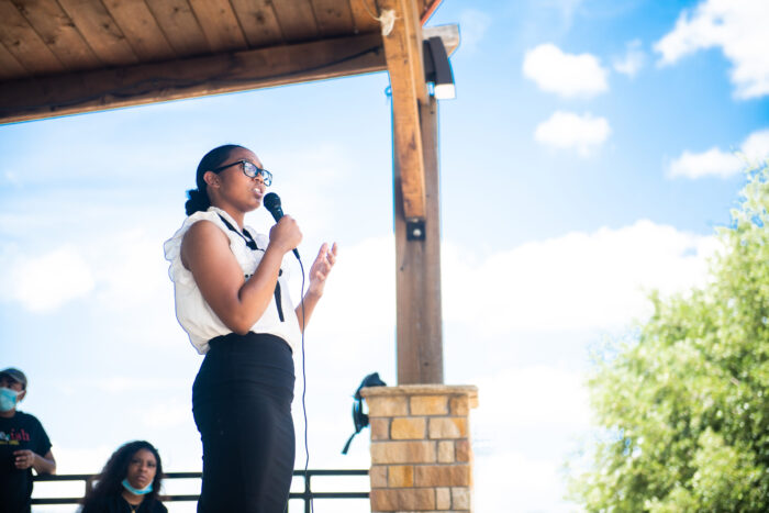 Student during public speech.