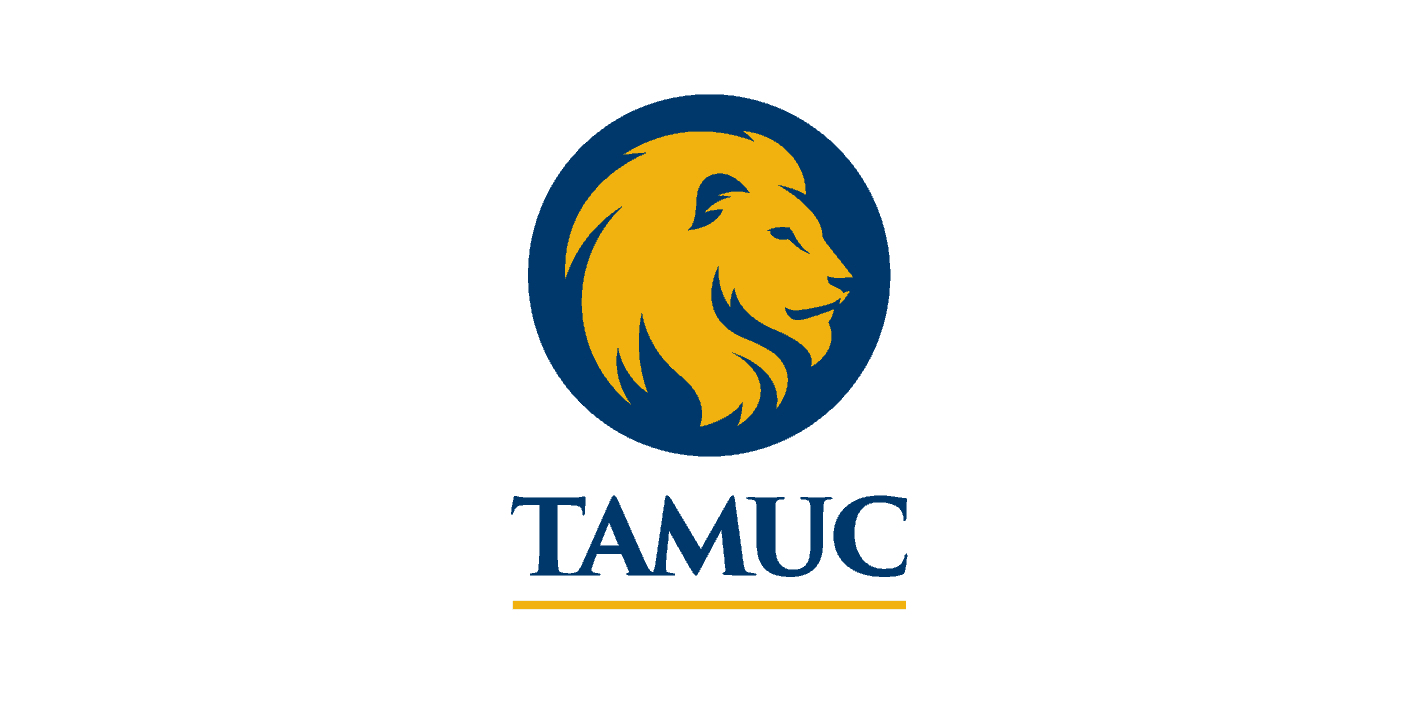 Vertical TAMUC logo on light background.
