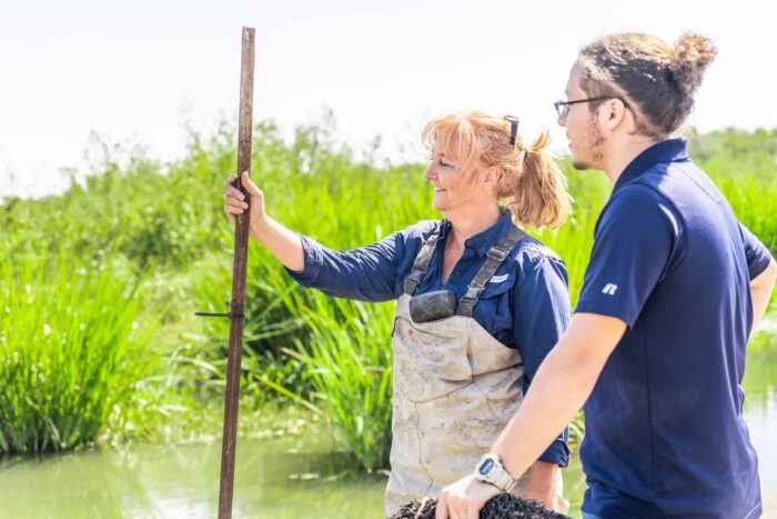 Environmental scientist instructing student in water