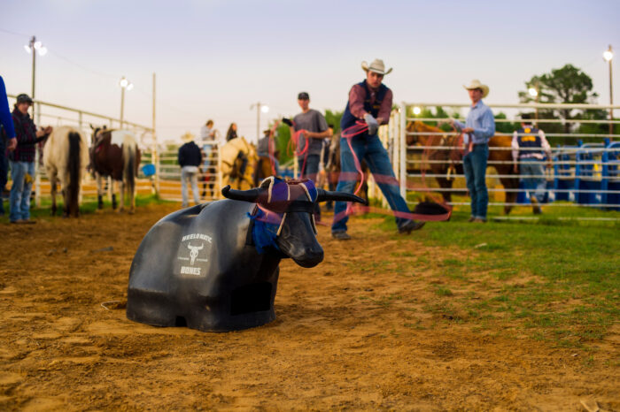 Students roping a plastic steer.