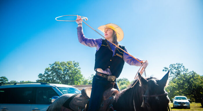 Savanna Waller with the A&M-Commerce Rodeo team practicing roping.