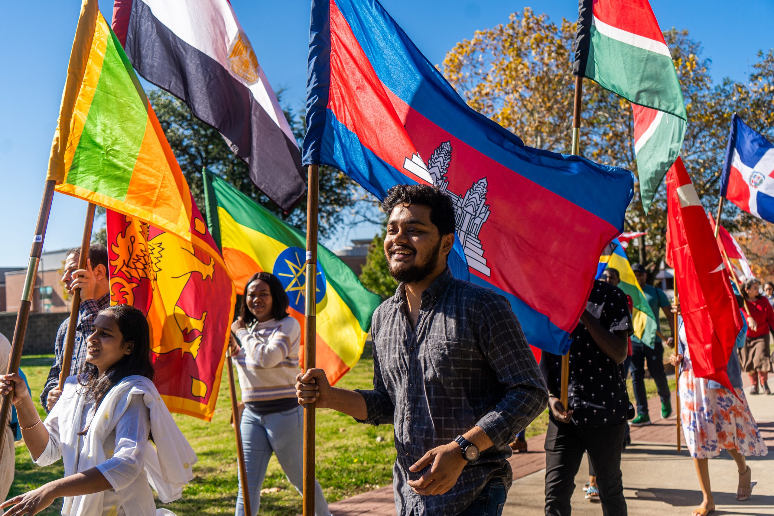 students holding flags