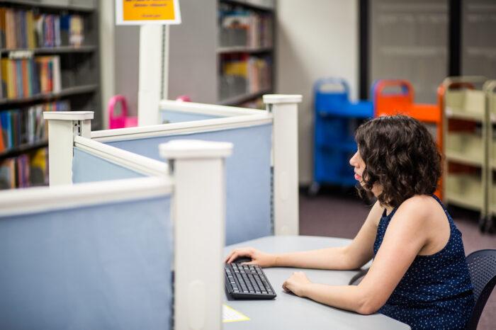 Female dressed in blue working on a computer in a computer lab.