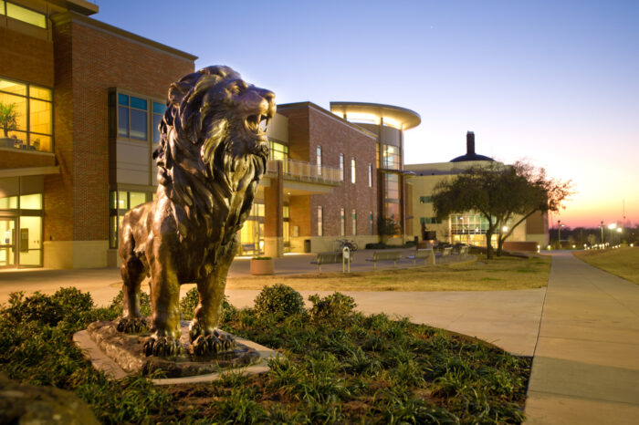 The new lion statue in front of the Rayburn Student Center