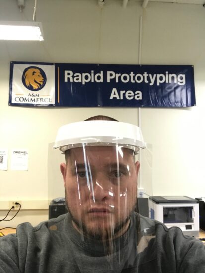 Dr.Moler wearing one of the face shields that the department of Engineering and Technology (Rapid Prototyping Area) is producing for Area Medical Center.