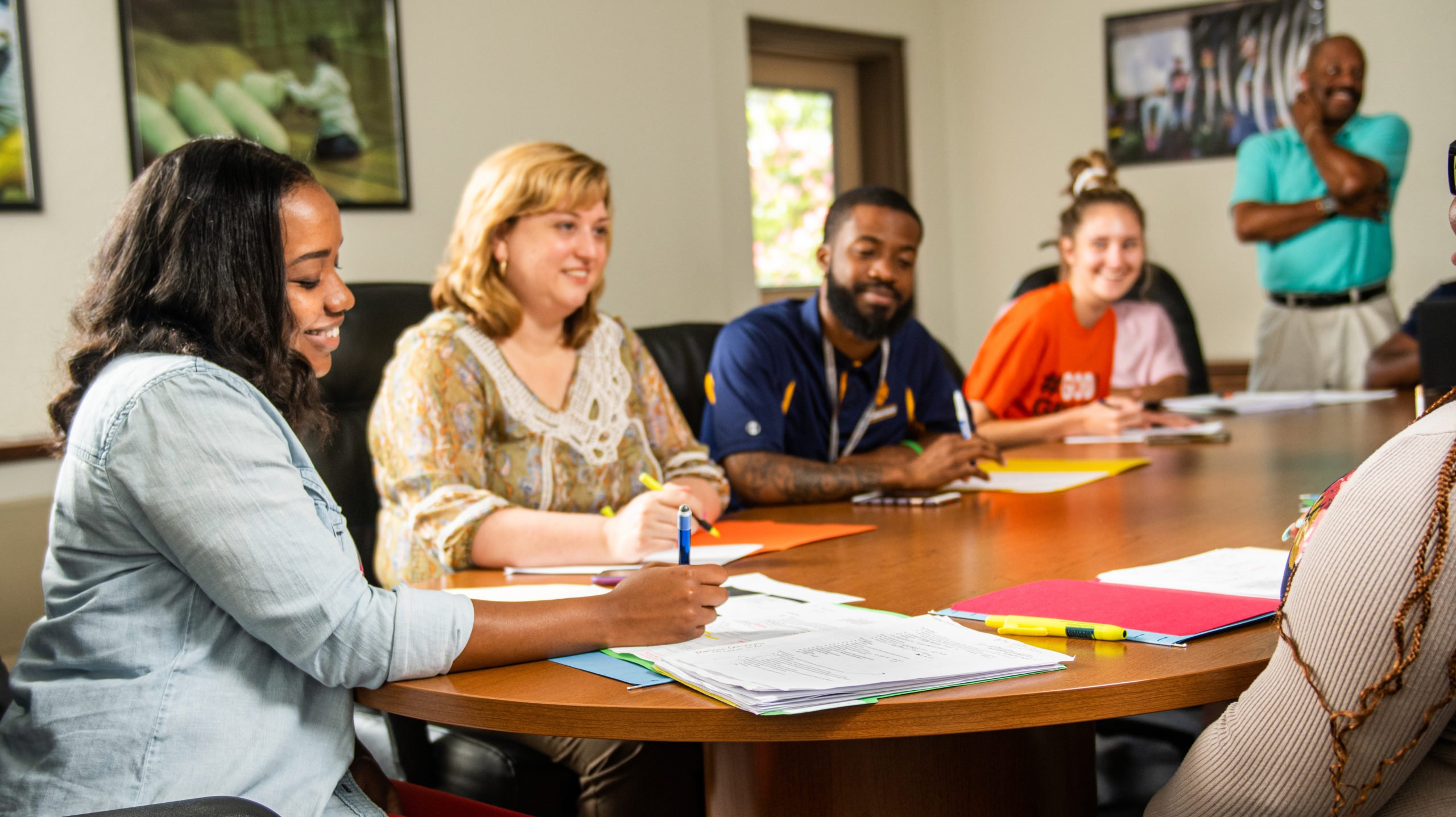 A group of students in a discussion at school.