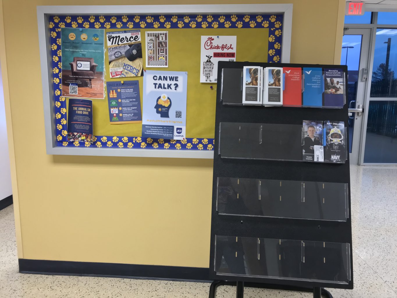 The community bulletin board in the Morris Campus Recreation building. 