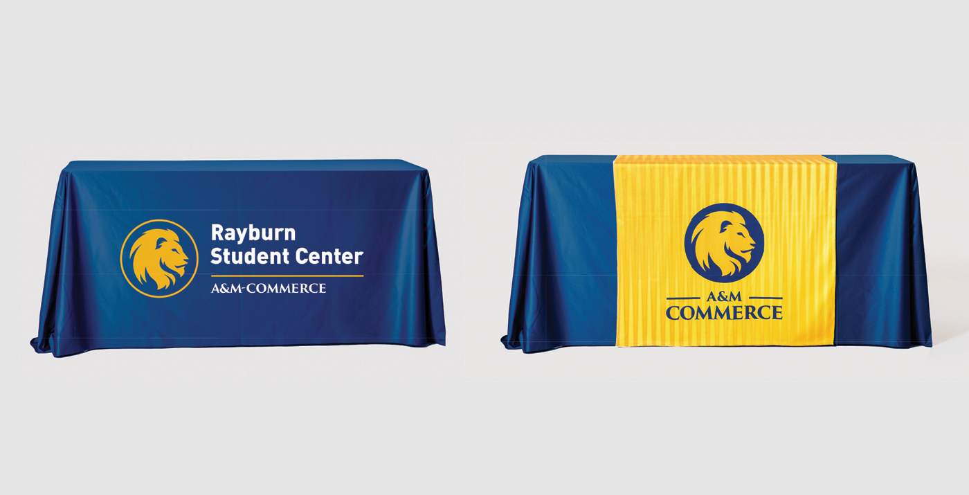 Table covers with A&M-Commerce logos.