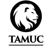 One-color Vertical TAMUC logo with lion icon on light background.
