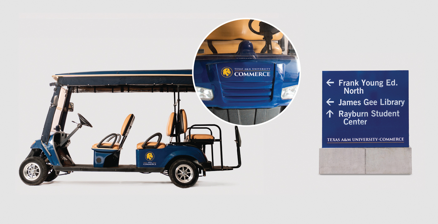 Golf cart with A&M-Commerce logos.