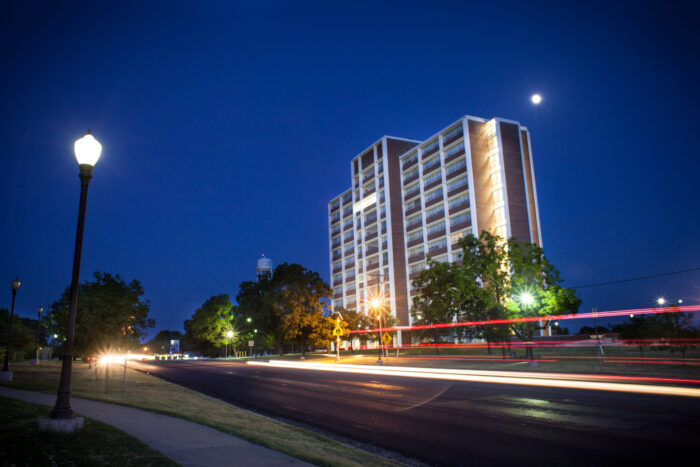 Whitley Hall at night.