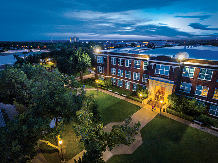 A&M-Commerce campus at sunset.