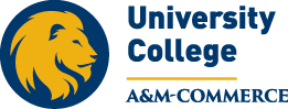 University logo with gold line shorter than the length of A&M-Commerce.