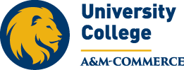 University logo with gold line shorter than the length of A&M-Commerce.