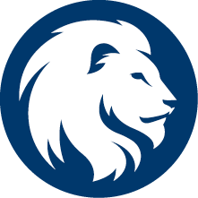 White lion head logo with blue background.