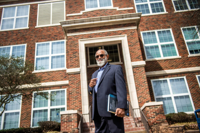 Willie Edwards in front of the Humanities building.