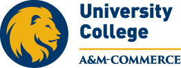 University logo with gold line the same length of A&M-Commerce.