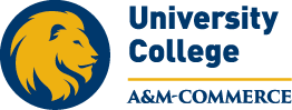 University logo with gold line the same length of A&M-Commerce.