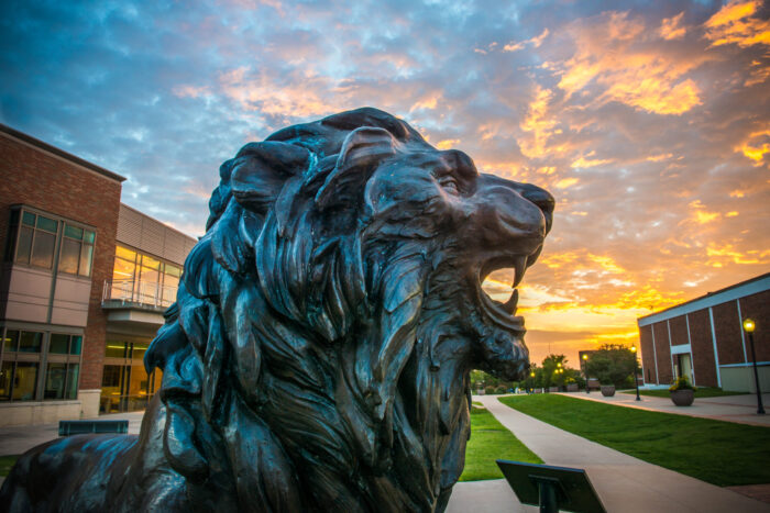 TAMUC lion statue at dusk