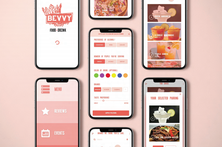 Collage of phone screens showing the different views of a food and drink app's UI.