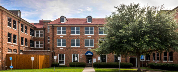 Student health services front door with parking.