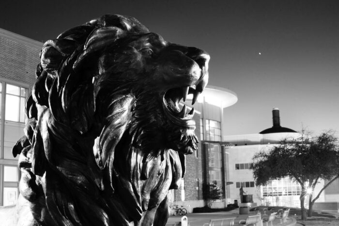 Black and white picture of the Lion Statue
