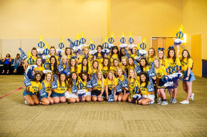 A group of Alpha Phi females posing.