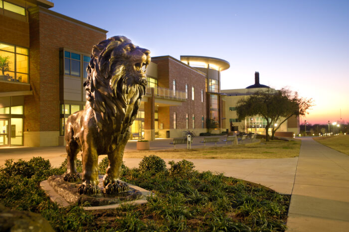 The new lion statue in front of the Rayburn Student center.