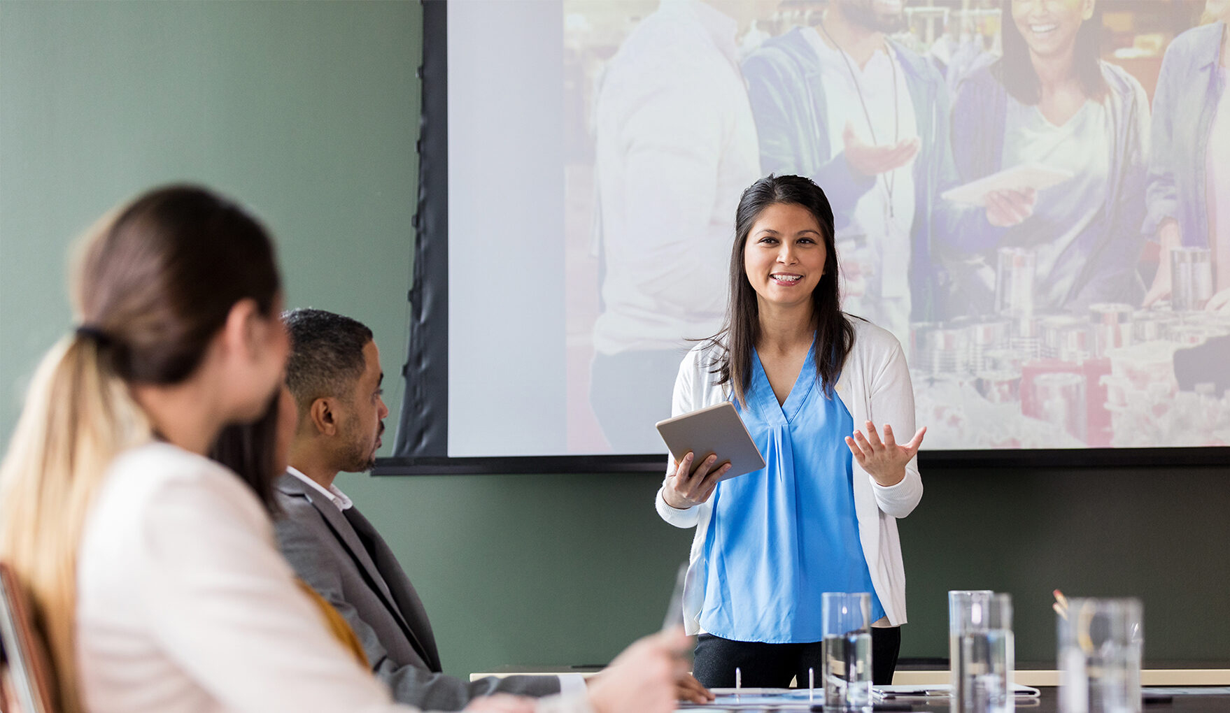 Confident business woman discusses charity event