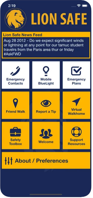 Screenshot of the home screen in the Lion Safe app.  