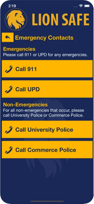 Screenshot of of Emergency Contacts page in the Lion Safe App. 