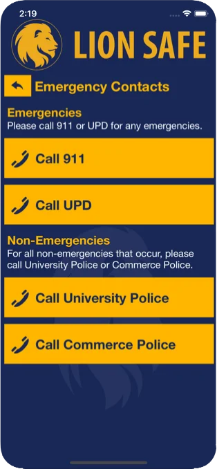 Screenshot of of Emergency Contacts page in the Lion Safe App.