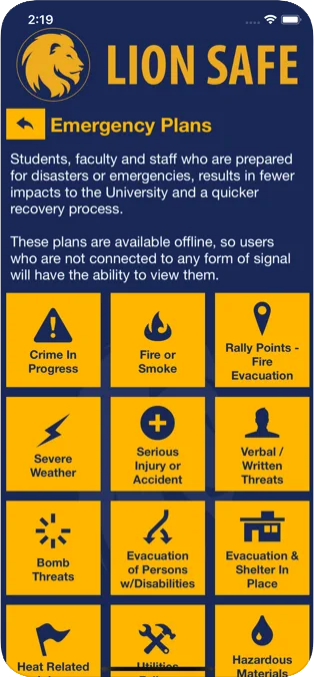 Screenshot of the emergency plans page in the Lion Safe app.  