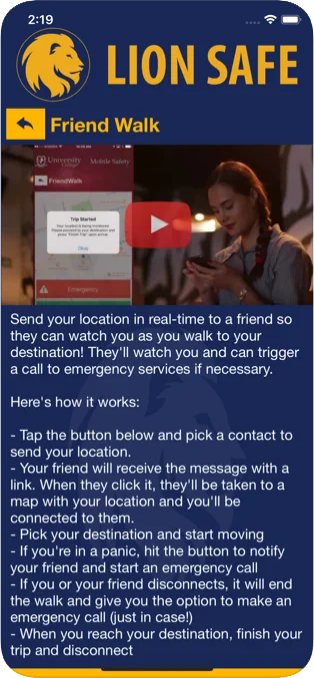 Screenshot of the friend walk in the Lion Safe app, a location sharing service to make sure companions arrive to their destinations safely.  