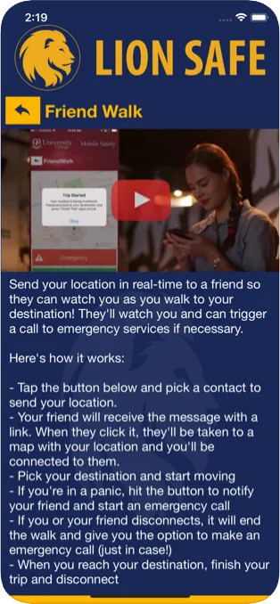 Screenshot of the friend walk in the Lion Safe app, a location sharing service to make sure companions arrive to their destinations safely.  