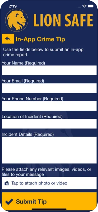 Screenshot of the crime tip page in the Lion Safe app.  