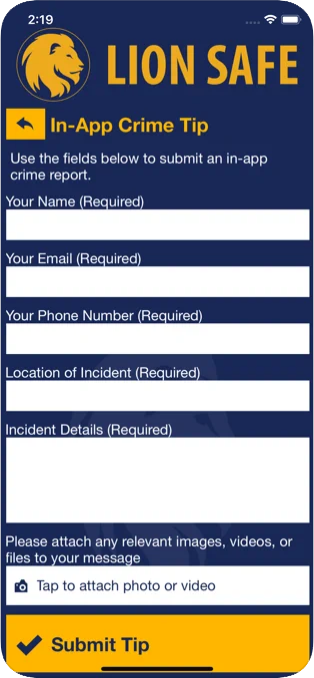 Screenshot of the crime tip page in the Lion Safe app.