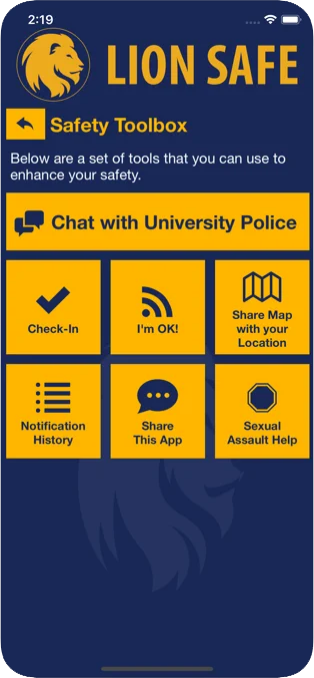 Screenshot of the safety toolbox in the Lion Safe app.  