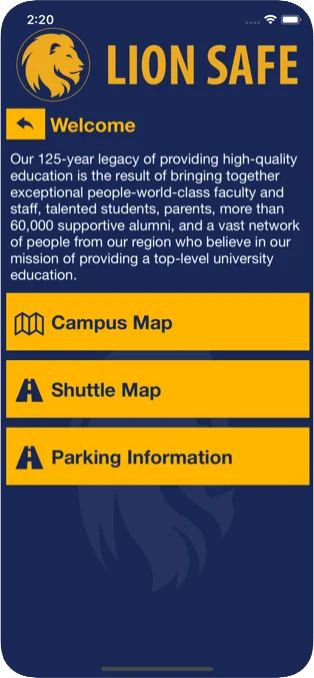 Screenshot of the welcome page in the Lion Safe app which includes various maps and parking information.  
