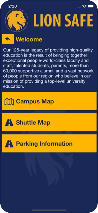 Screenshot of the welcome page in the Lion Safe app which includes various maps and parking information.